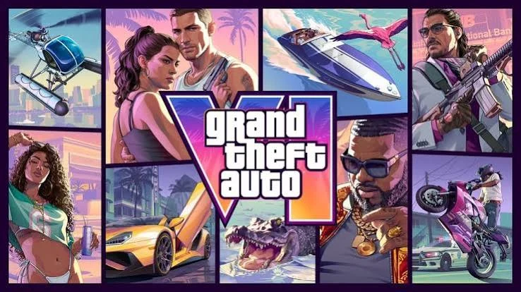 Composición de estilo GTA VI con personajes, vehículos y colores tropicales