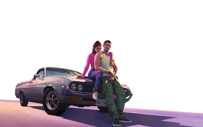 Ilustración de una pareja junto a un automóvil clásico